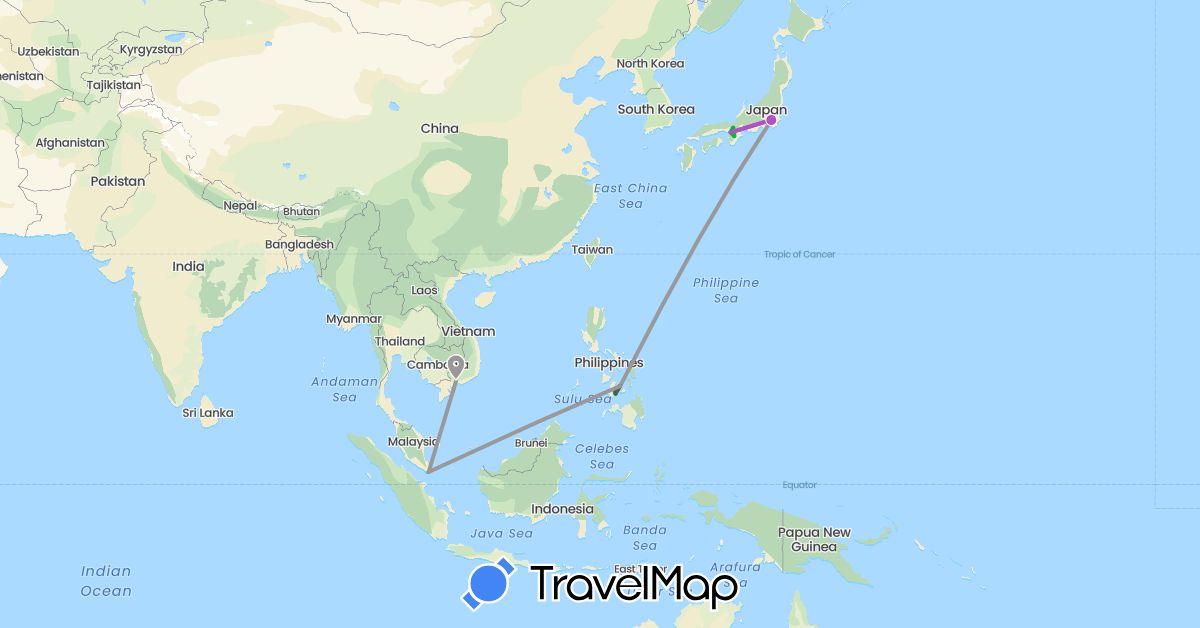 TravelMap itinerary: driving, bus, plane, train, boat, motorbike in Japan, Philippines, Singapore, Vietnam (Asia)